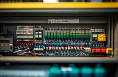 Open electrical cabinet displaying intricate wiring, relays, and components, highlighting the complexity of industrial electrical systems
